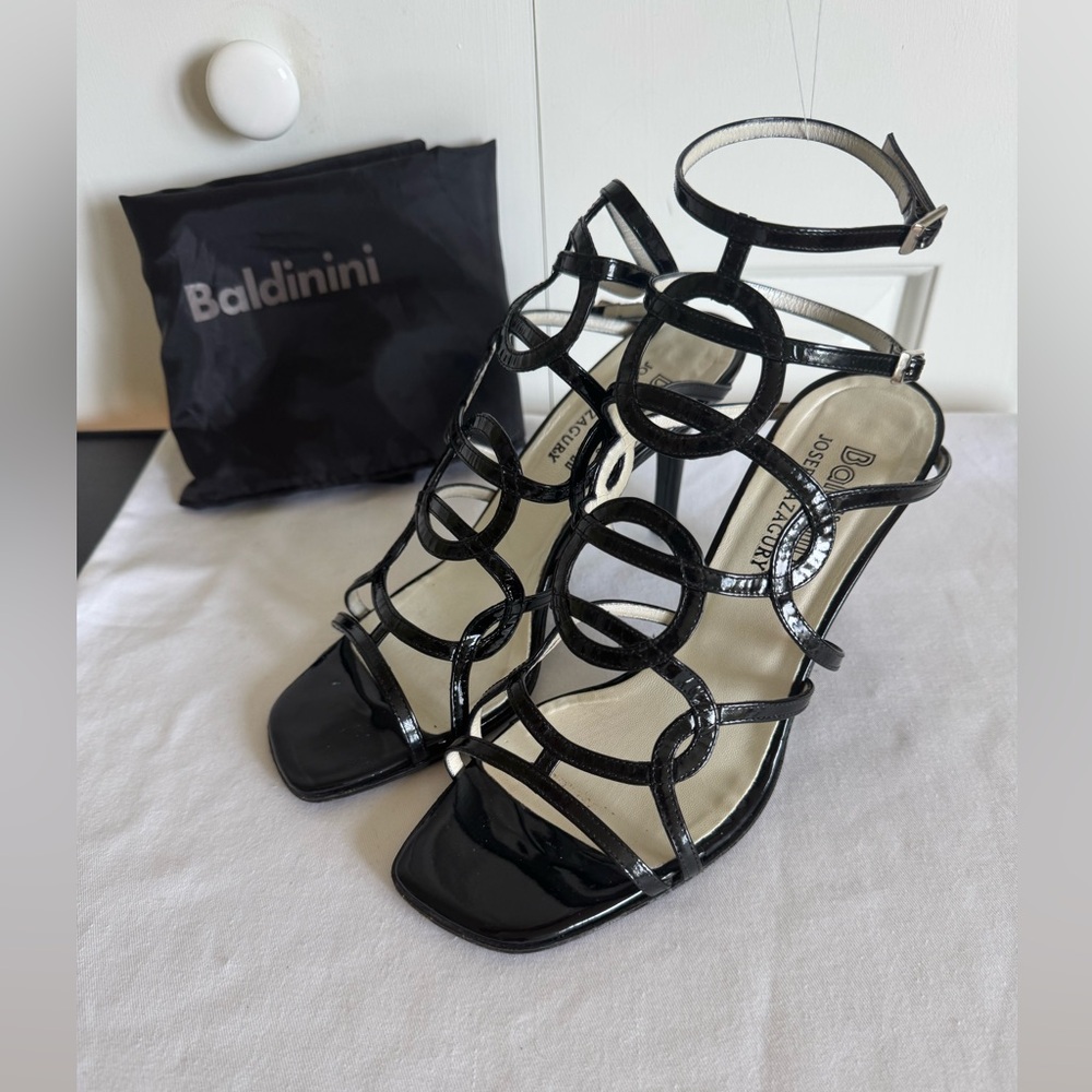 BALDININI Black Patent Leather Heels Sandals 7.5-8/38.5 EUC